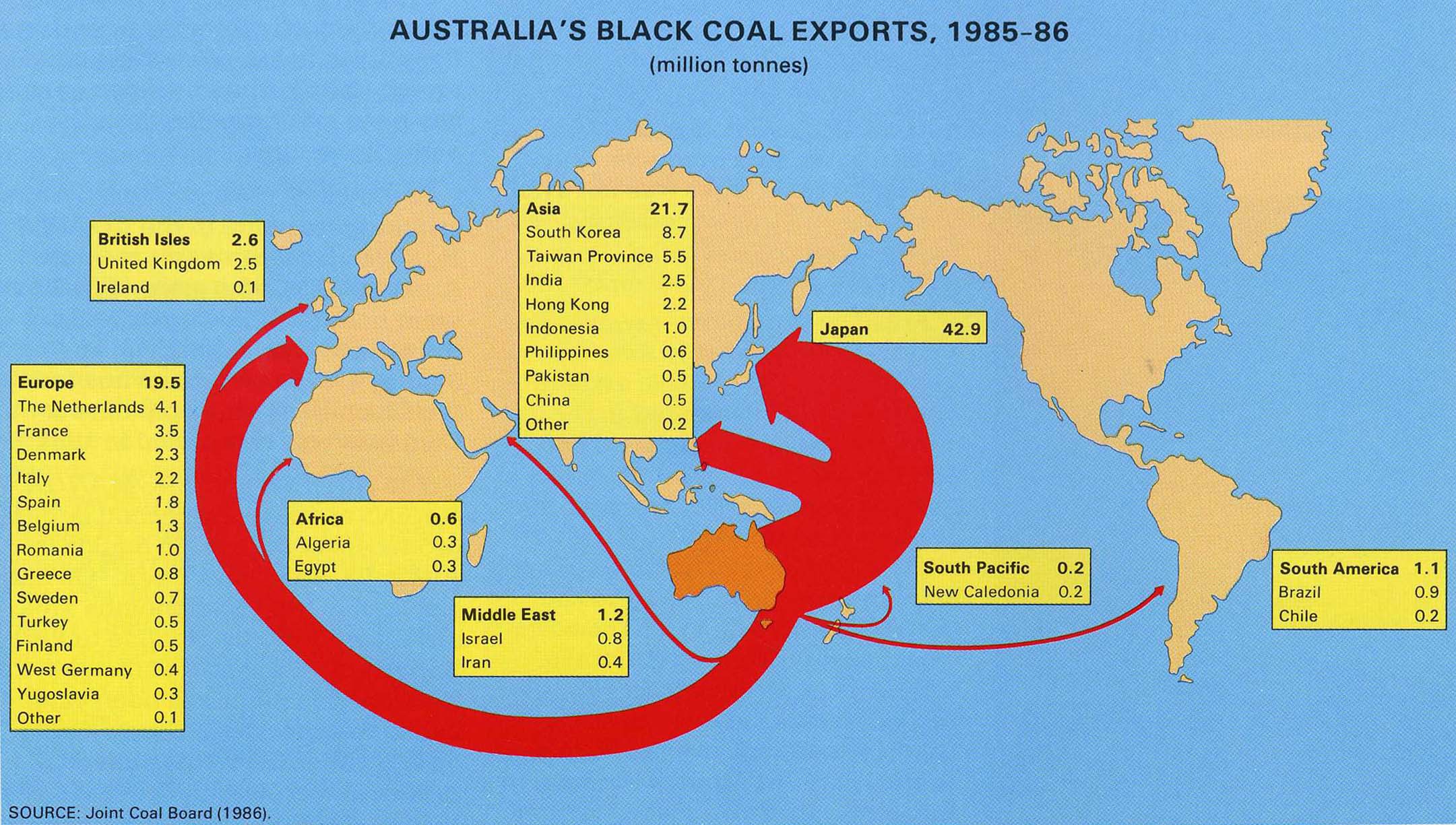 Stylised thematic map of Austalia's black coal exports, 1985-1986
