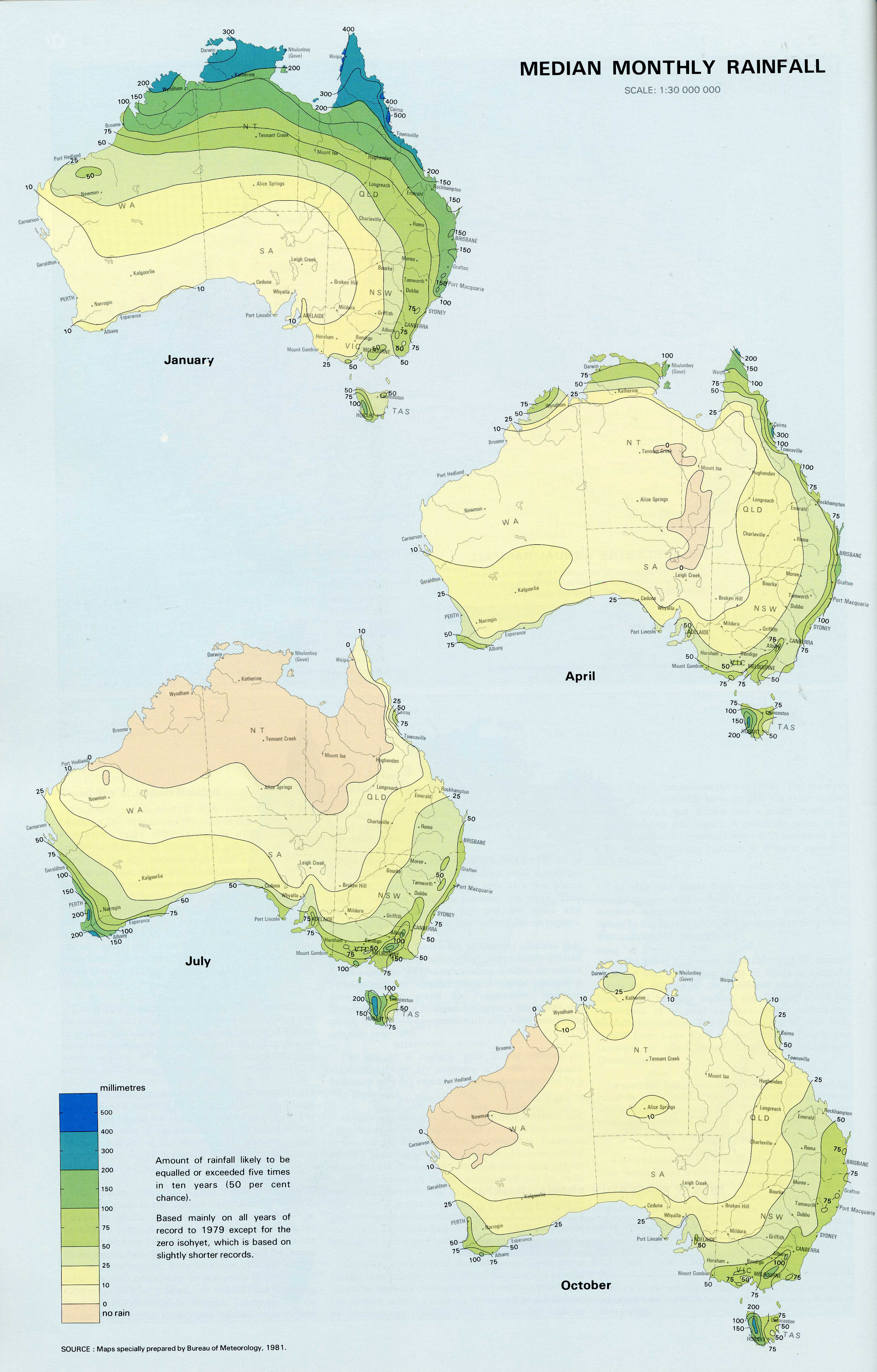 Time series map used for rainfall, shows 4 different maps of Australia, showing different rainfall for different months.